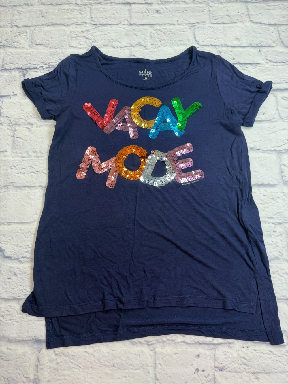 New York & Company SoHo Navy Sequin VACAY MODE Graphic Tee. Size XS
